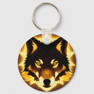 Radiant Wolf Face Illuminated by Golden Light Keychain