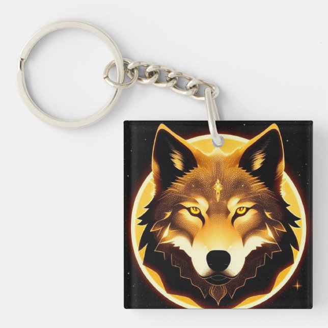 Radiant Wolf Face Illuminated by Golden Light Keychain (Front)