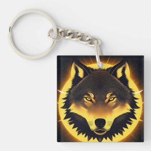 Radiant Wolf Face Illuminated by Golden Light Keychain