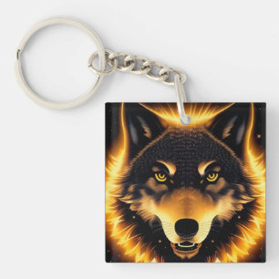 Radiant Wolf Face Illuminated by Golden Light Keychain