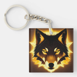Radiant Wolf Face Illuminated by Golden Light Keychain
