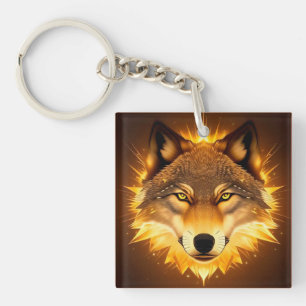 Radiant Wolf Face Illuminated by Golden Light Keychain