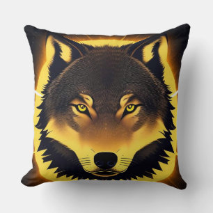 Radiant Wolf Face Illuminated by Golden Light Throw Pillow
