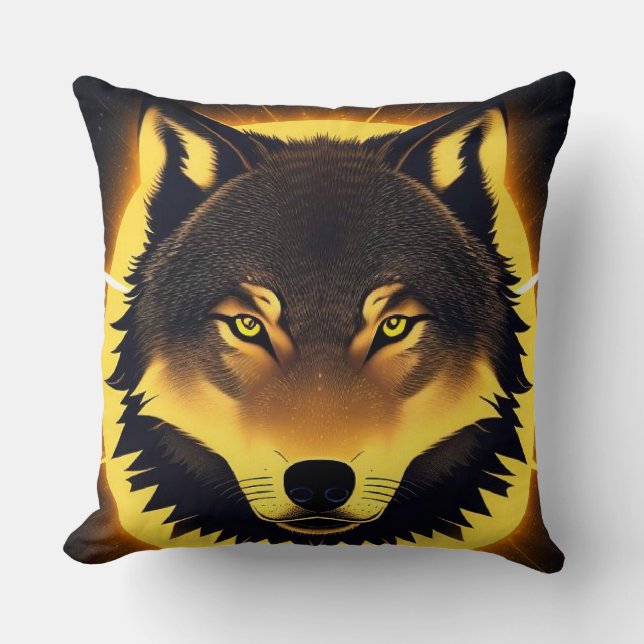 Radiant Wolf Face Illuminated by Golden Light Throw Pillow (Front)