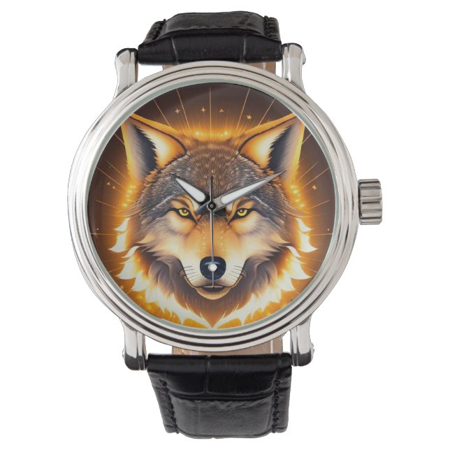 Radiant Wolf Face Illuminated by Golden Light Watch (Front)