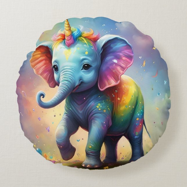 Radiant Wonders: The Rainbow Baby Unicorn Elephant Round Pillow (Front)
