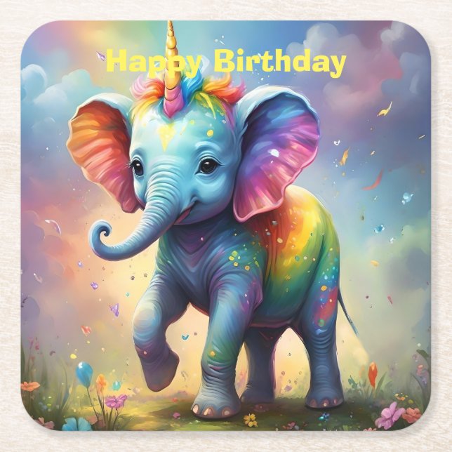 Radiant Wonders: The Rainbow Baby Unicorn Elephant Square Paper Coaster (Front)