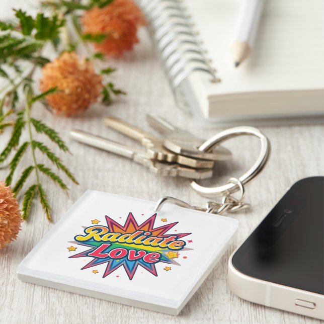 Radiate Love Retro Design – Positive Vibes  Keychain (Front Right)