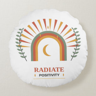 Radiate Positivity Boho Celestial Sun Moon Botanic Round Pillow