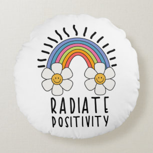 Radiate Positivity Colourful Rainbow and Flowers Round Pillow