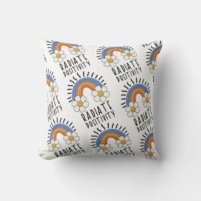 Radiate Positivity | Colourful Rainbow and Flowers Throw Pillow (Front)