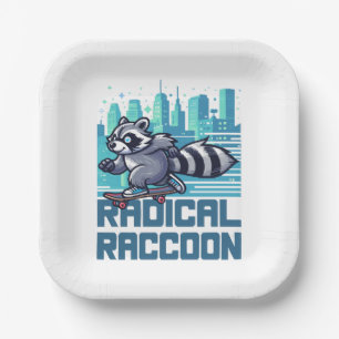 Radical Raccoon Urban Skateboarder Paper Plate