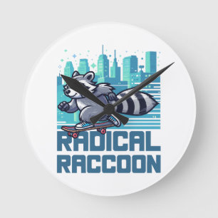 Radical Raccoon Urban Skateboarder Round Clock