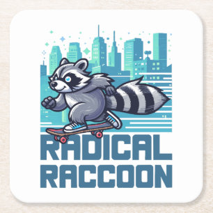 Radical Raccoon Urban Skateboarder Square Paper Coaster