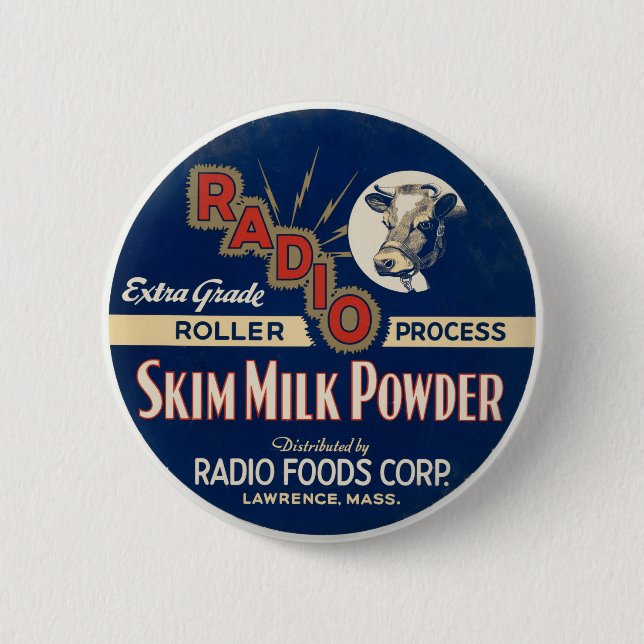 Radio Extra Grade Roller Process Skim Milk Powder. 2 Inch Round Button (Front)