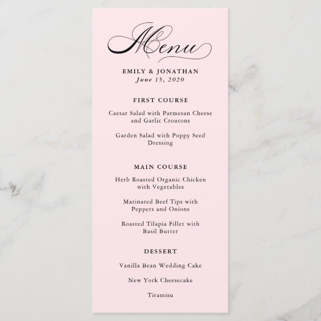 Raffiné | Calligraphie sur le menu rose pâle (Devant)