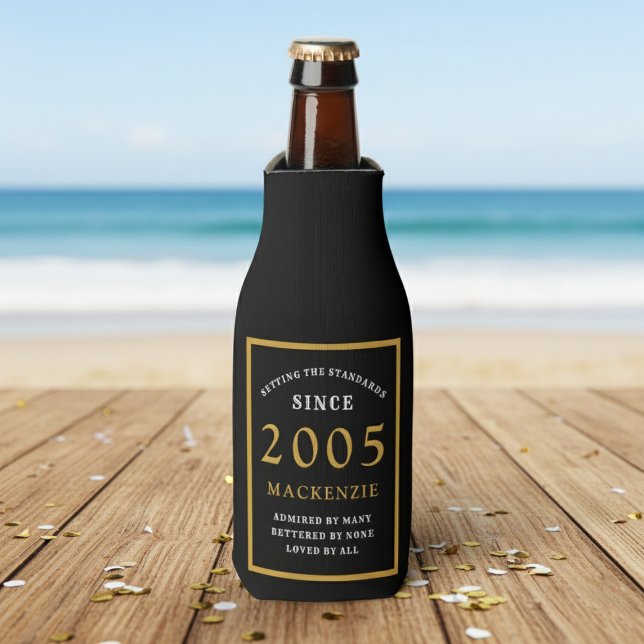 Rafraichisseur De Bouteilles 21st Birthday 2005 Name Elegant Chic Black Gold (Born 2005 bottle cooler. Beach background.)