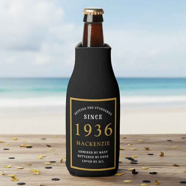 Rafraichisseur De Bouteilles 90th Birthday 1936 Name Elegant Chic Black Gold (Born 1936 bottle cooler. Beach background.)