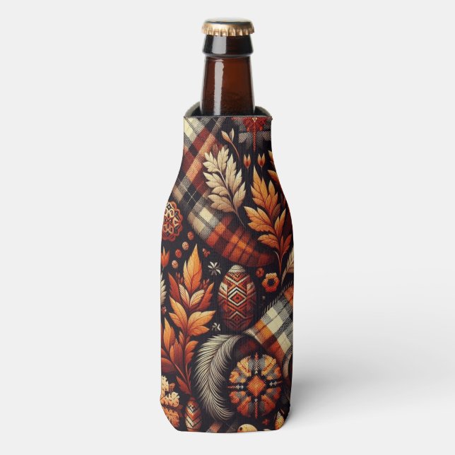Rafraichisseur De Bouteilles Automne Plaid Feuilles Orange Black Motif (Bottle Devant)