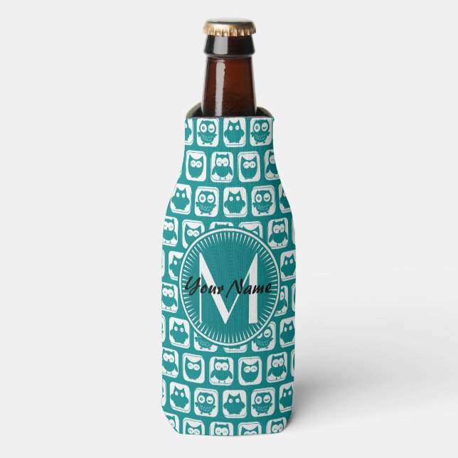 Rafraichisseur De Bouteilles Chouettes Turquoises et blanches monogrammes (Bottle Devant)