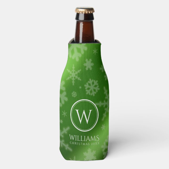 Rafraichisseur De Bouteilles Festif Green Foil Snowflakes Nom du monogramme (Bottle Devant)