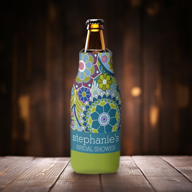 Rafraichisseur De Bouteilles Fête de mariage floral avec fleurs rétro sarcelle  (Funky retro floral pattern - personalized bottle cooler)