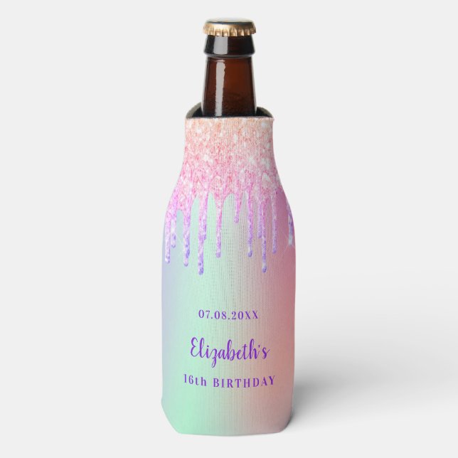 Rafraichisseur De Bouteilles Holographie de la goutte violette rose d'anniversa (Bottle Devant)
