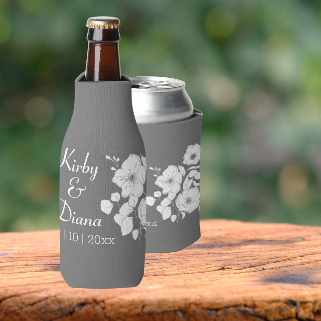 Rafraichisseur De Bouteilles Mariage floral blanc et gris (Available for bottles, standard can and seltzer cans! Great wedding party gift idea)