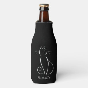 Rafraichisseur De Bouteilles Minimaliste Chat Blanc Sur Noir Ajouter Nom