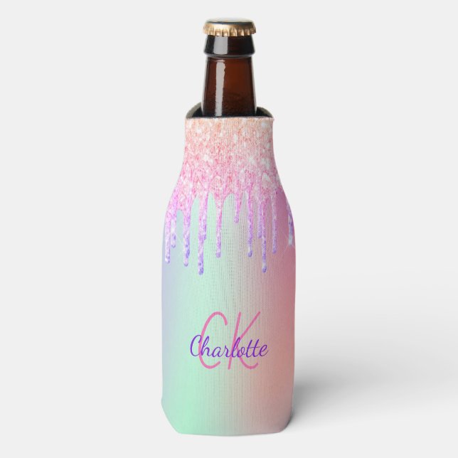 Rafraichisseur De Bouteilles Monogramme à gouttes holographiques roses (Bottle Devant)