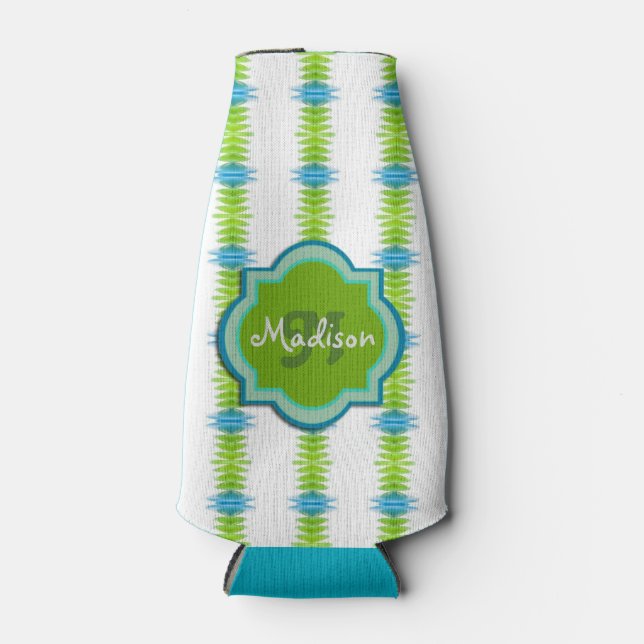 Rafraichisseur De Bouteilles Monogramme à rayures funky vert, bleu et blanc (Devant)