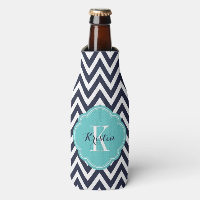 Rafraichisseur De Bouteilles Monogramme bleu marine et turquoise Chevron (Bottle Devant)