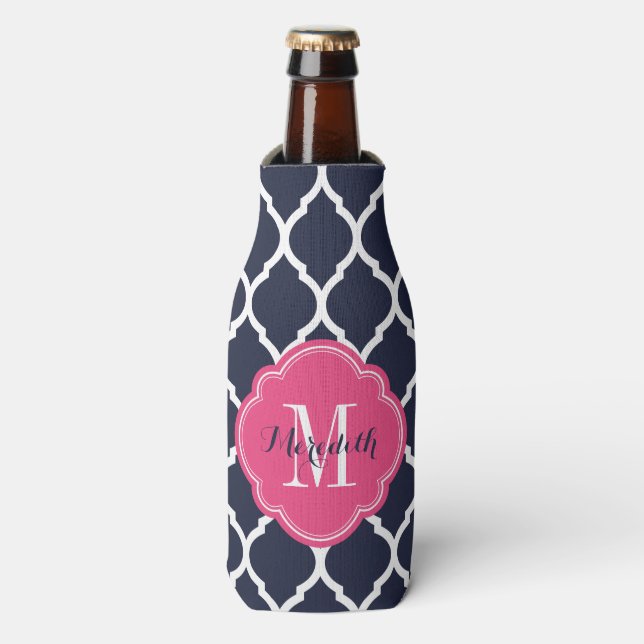 Rafraichisseur De Bouteilles Monogramme de Quatrefoil bleu marine et rose maroc (Bottle Devant)