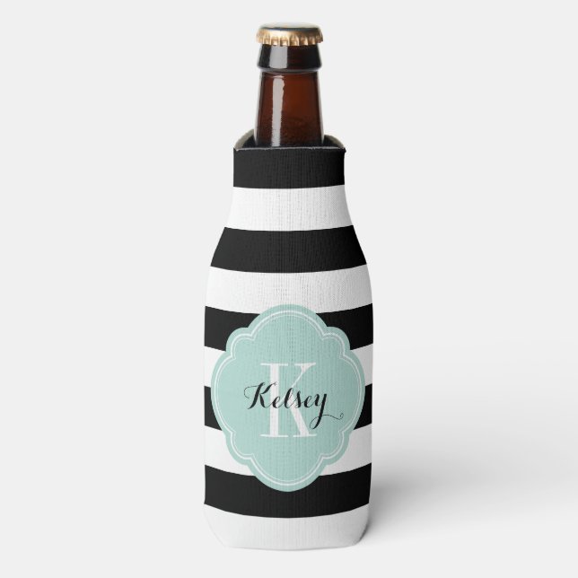 Rafraichisseur De Bouteilles Monogramme des rayures de preppy noir et menthe (Bottle Devant)