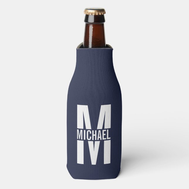 Rafraichisseur De Bouteilles Monogramme et nom personnalisés bleu marine (Bottle Devant)