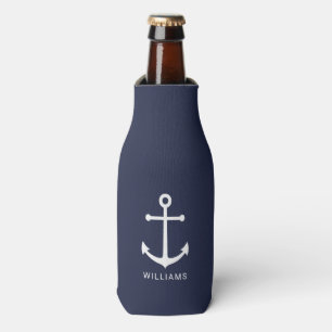 Rafraichisseur De Bouteilles Nautical White Anchor and Custom Nom on Navy Blue