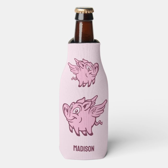 Rafraichisseur De Bouteilles Nom personnalisé & Cochon volant couleur (Bottle Devant)