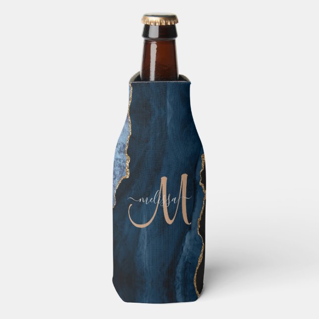 Rafraichisseur De Bouteilles Parties scintillant en or bleu chic Agate Monogram (Bottle Devant)