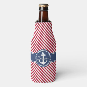 Rafraichisseur De Bouteilles Rouge & rayures marines Ancre nautique Monogramme
