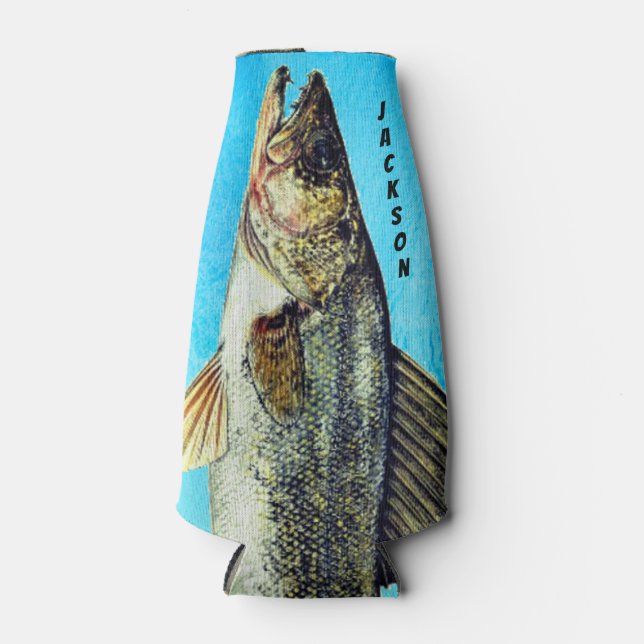 Rafraichisseur De Bouteilles Walleye Pike Poisson sur bleu et nom (Devant)