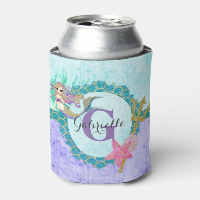 Rafraichisseur De Cannettes Aquarelle mignonne de sirène Monogramme Turquoise  (Can devant)
