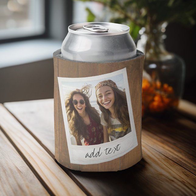 Rafraichisseur De Cannettes Bois rustique avec cadre photo Carré (Personalized can cooler with an area to add photos and custom text)