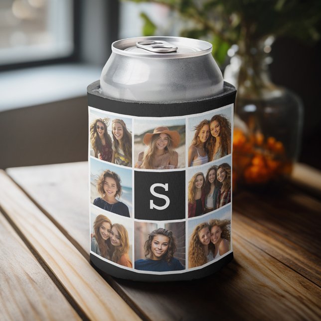 Rafraichisseur De Cannettes Collage photo noir et blanc Monogramme personnalis (Personalized can cooler with an area to add photos and custom text)
