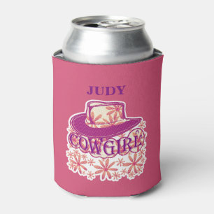 Rafraichisseur De Cannettes Cowgirl Cowboy Casquette Fleurs rose / Nom Judy