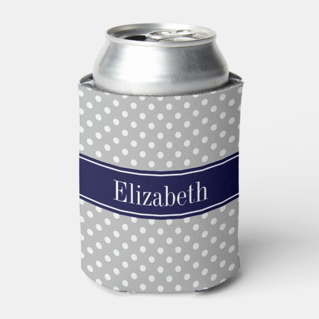 Rafraichisseur De Cannettes Gris Blanc Pois Marine Nom bleu Monogramme (Can devant)