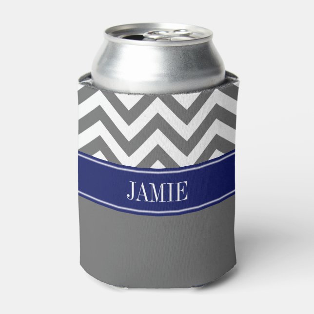 Rafraichisseur De Cannettes Gris foncé Chevron Navy Monogramme Nom (Can devant)