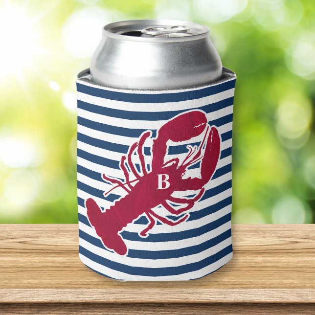 Rafraichisseur De Cannettes Homard rouge nautique Monogramme Bleu Bleu Blancs (Créateur téléchargé)