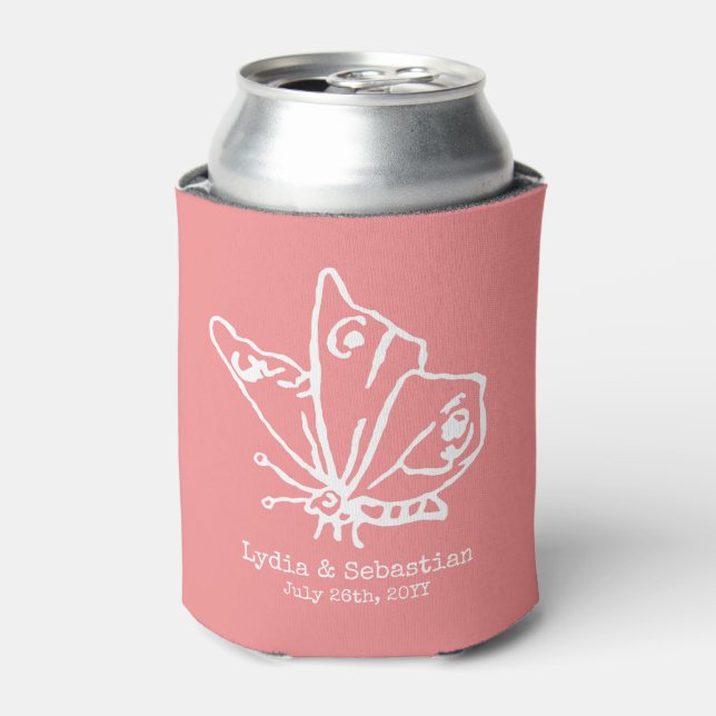Rafraichisseur De Cannettes Mariage Couple Nom personnalisé Papillon | Corail (Can devant)
