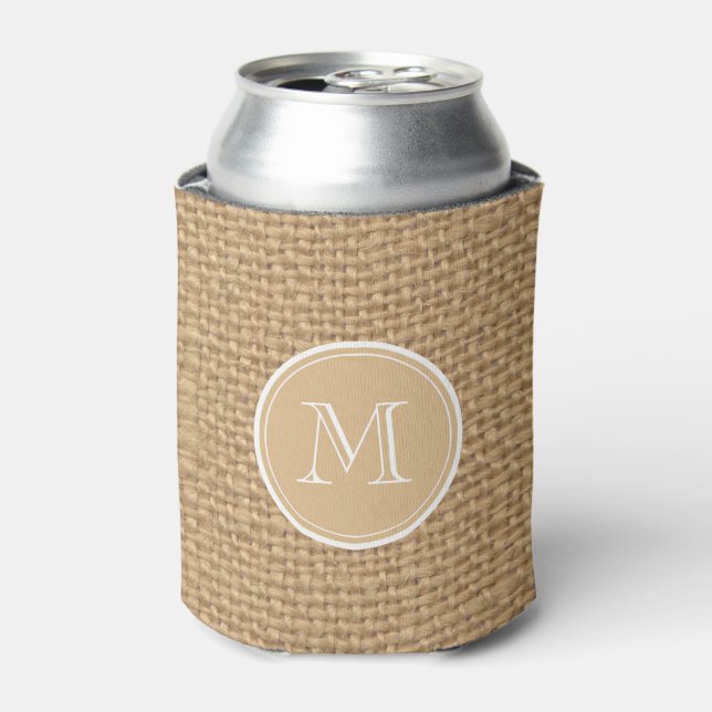 Rafraichisseur De Cannettes Monogramme Arrière - plan de Burlap rustique (Can devant)