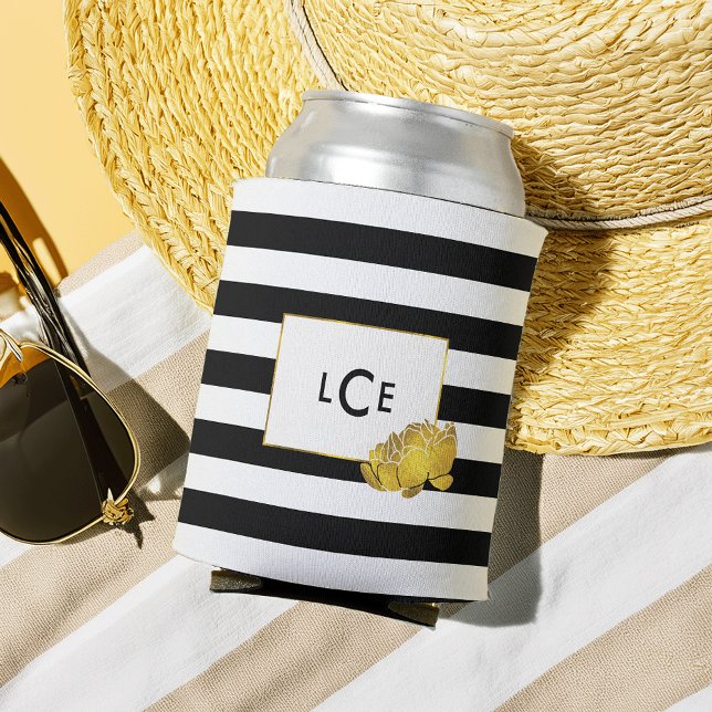 Rafraichisseur De Cannettes Monogramme de pivoine noire et d'or (Créateur téléchargé)